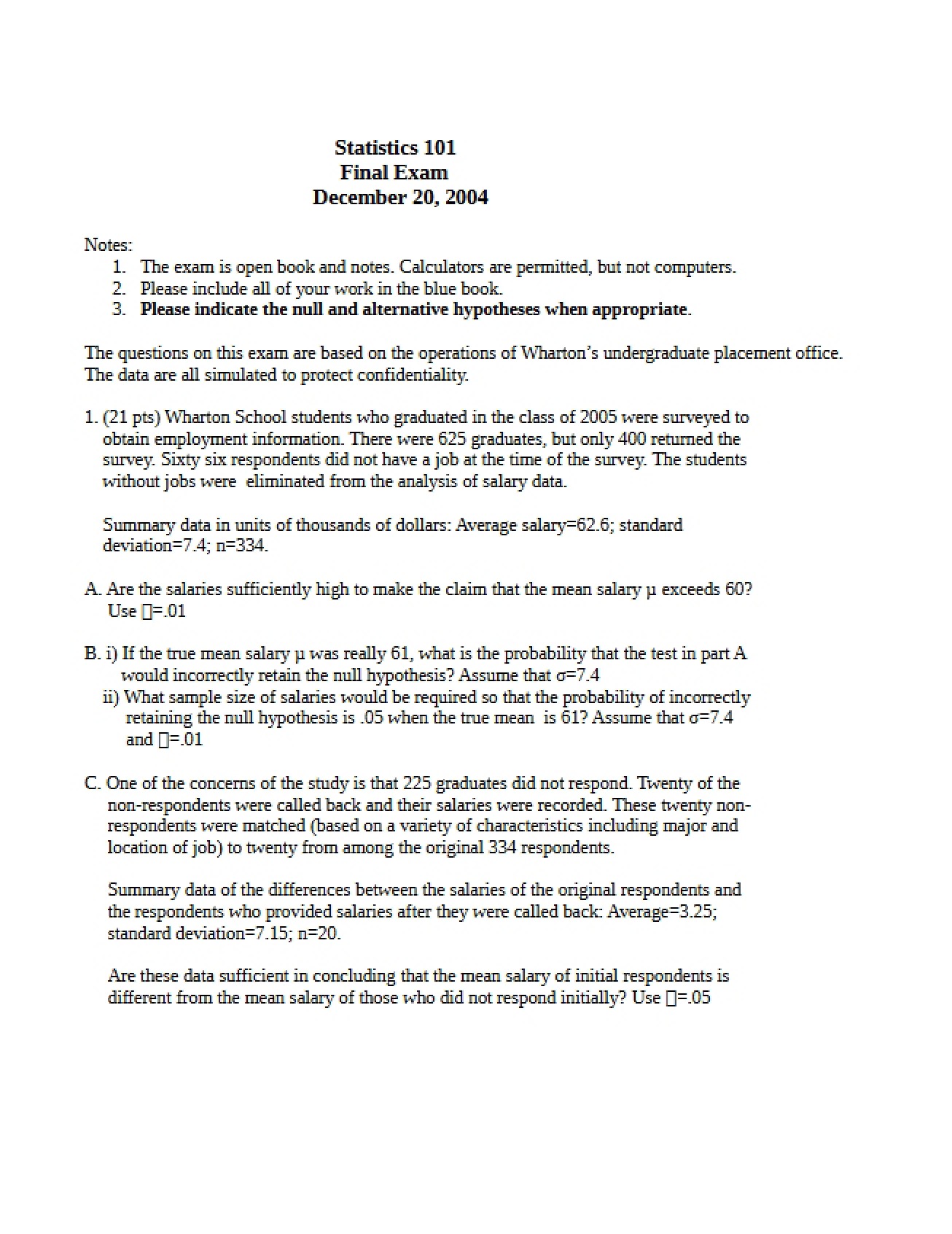 Introductory Business Statistics Final Exam