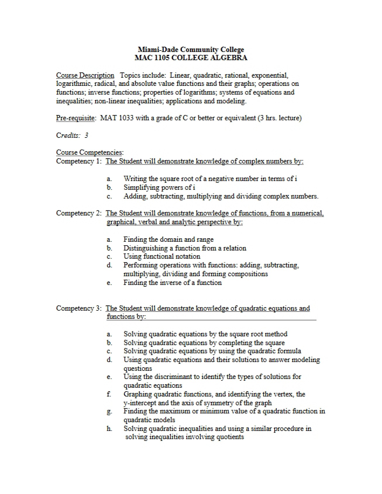 Competencies for College Algebra