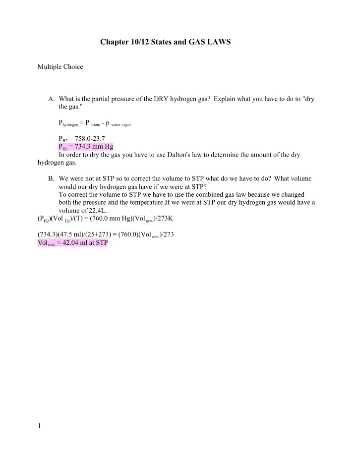 Determining Partial Pressure and Correcting Volume in Gas Laws