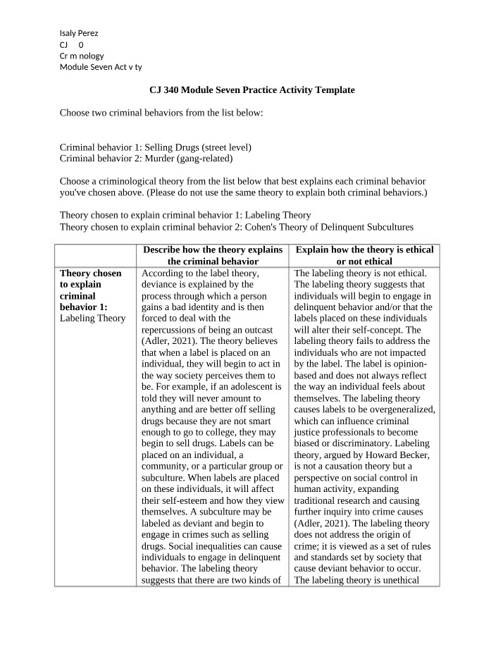 Criminological Theories - Labeling Theory and Cohen's
