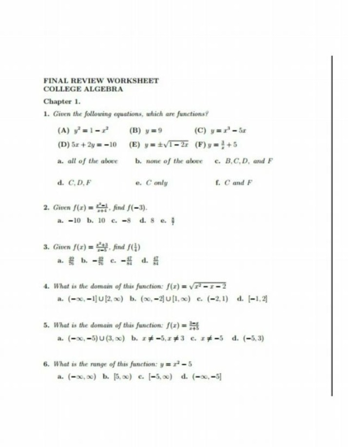 College Algebra - Chapter 1 Final Review Worksheet