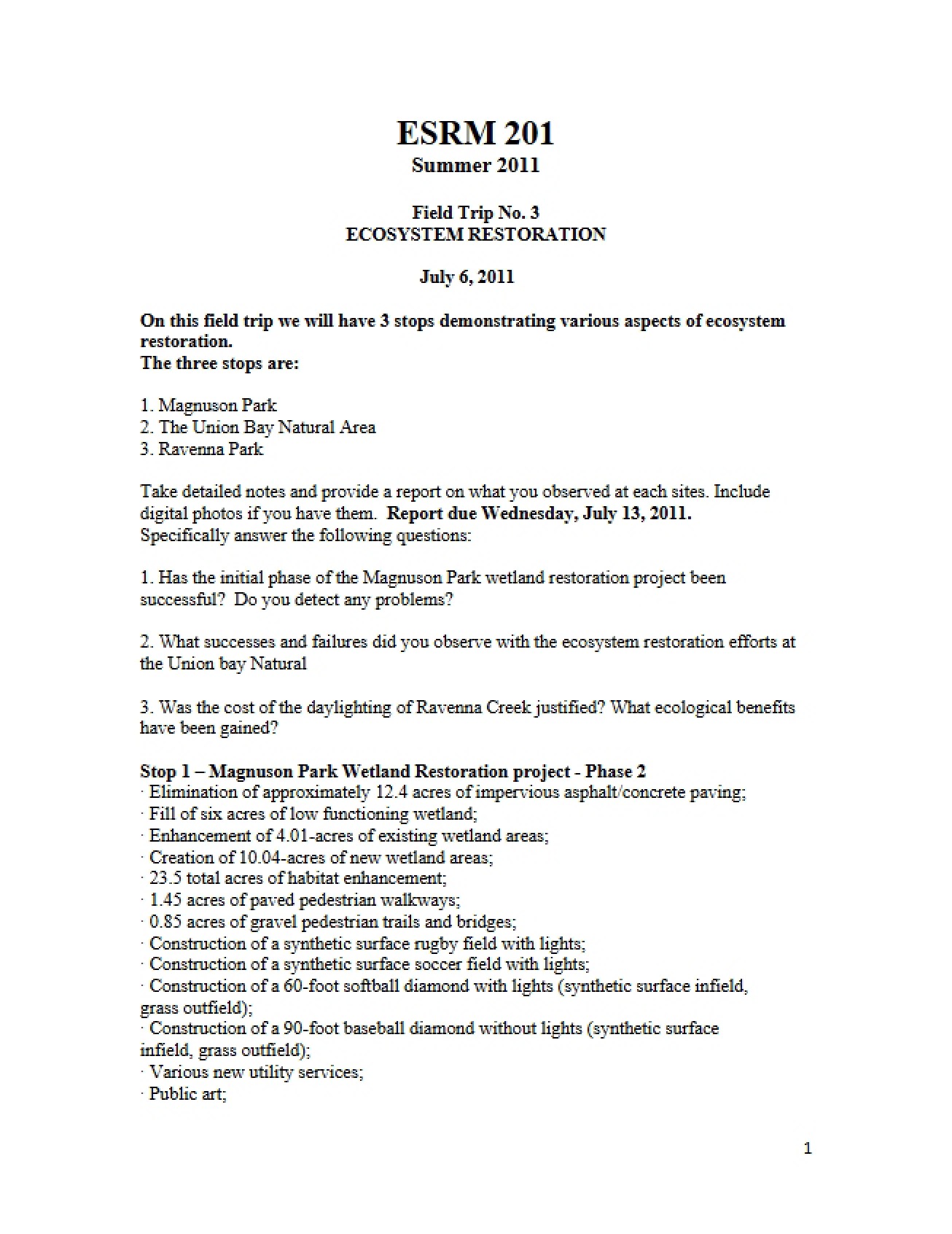 Handout on Restoring Ecosystems