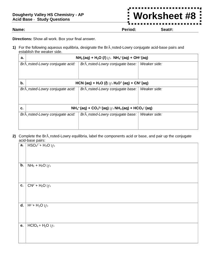 Study Questions for Acid Base
