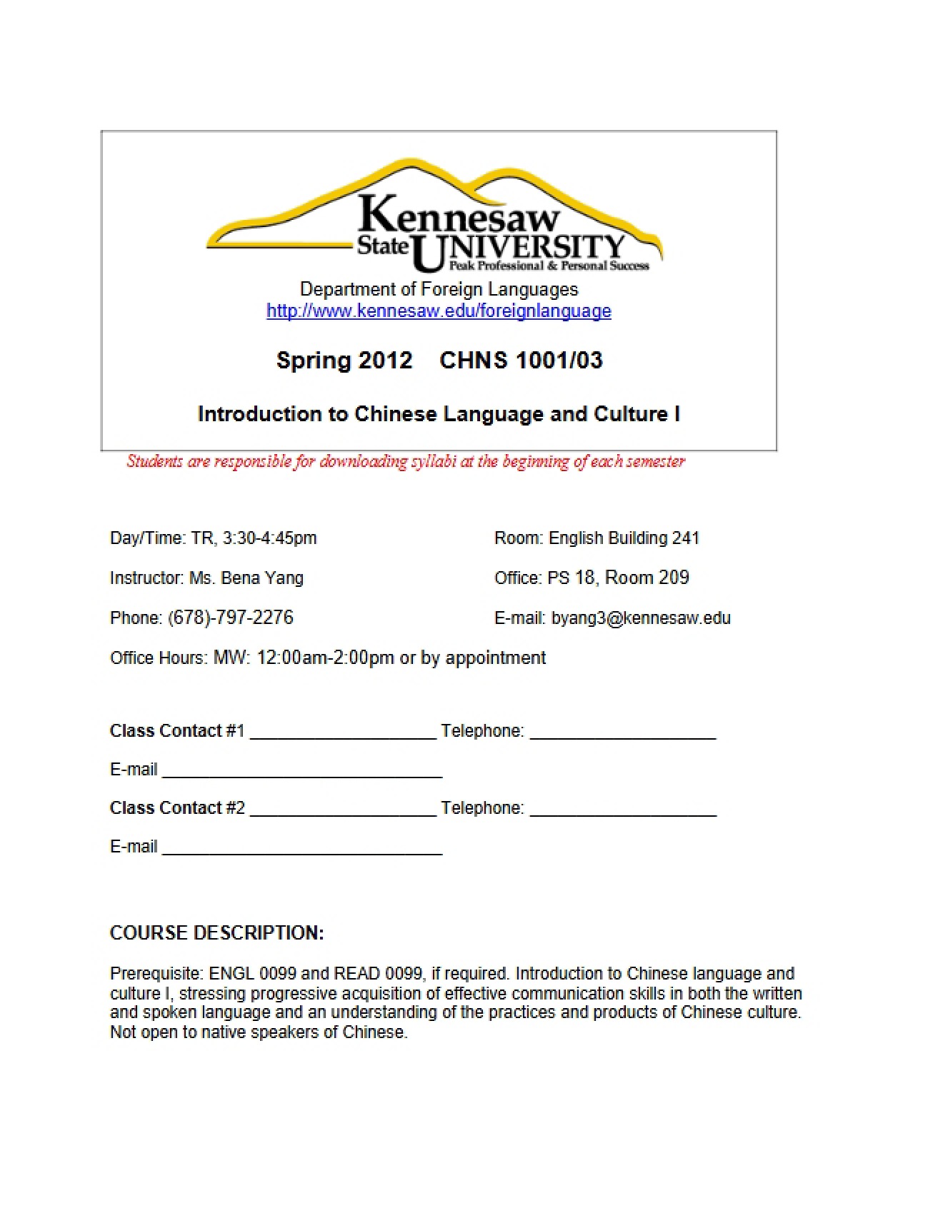 Syllabus for a Course on Introduction to Chinese Language and Culture - Intr Chin Lang And Culture I