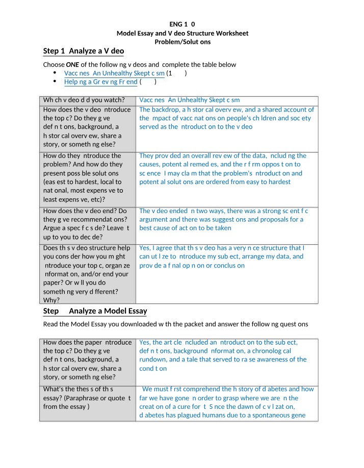 Model Essay and Video Structure Worksheet - Problems and Solutions
