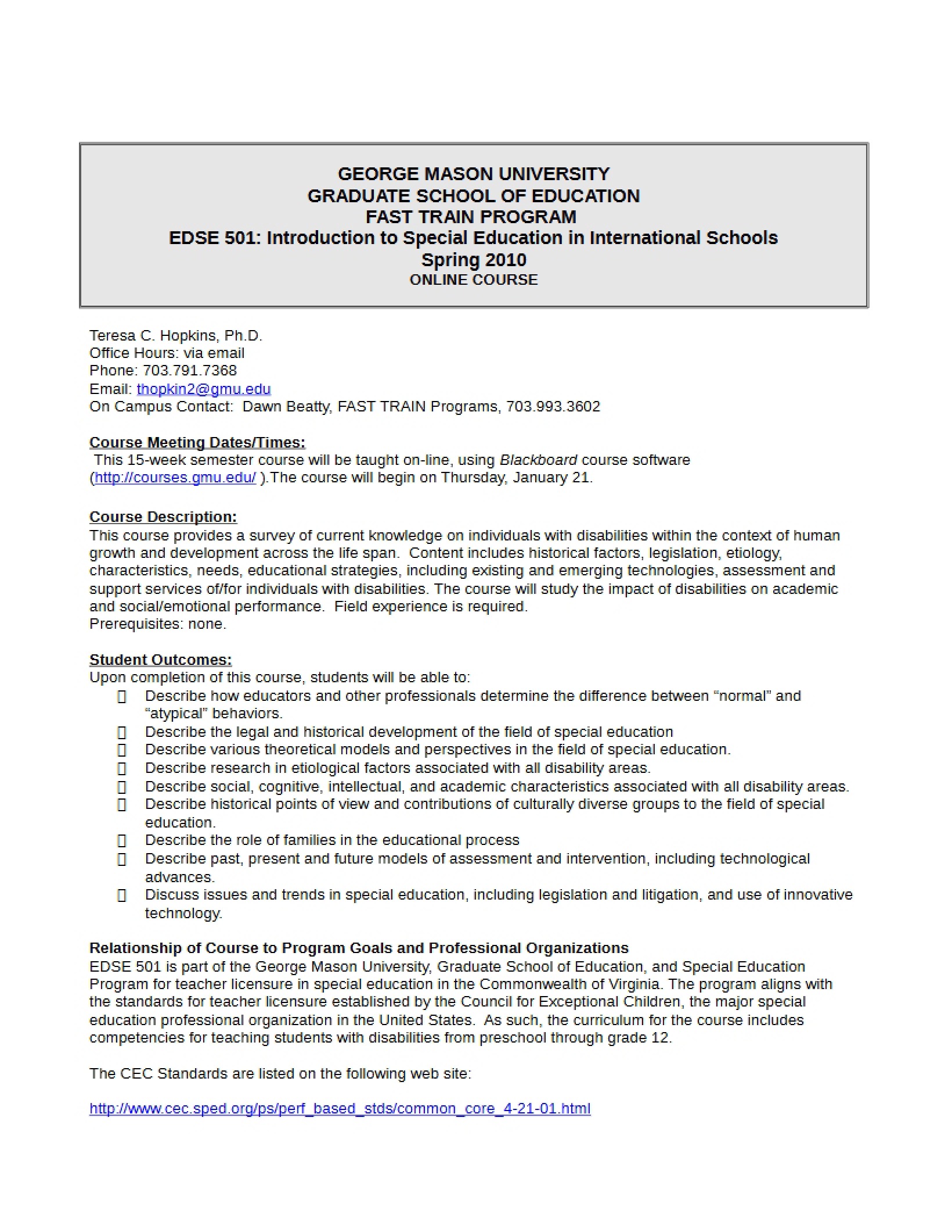 Special Education Introduction Syllabus