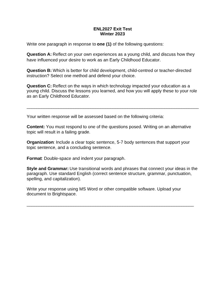 Writing Prompts for the ENL2027 Exit Test