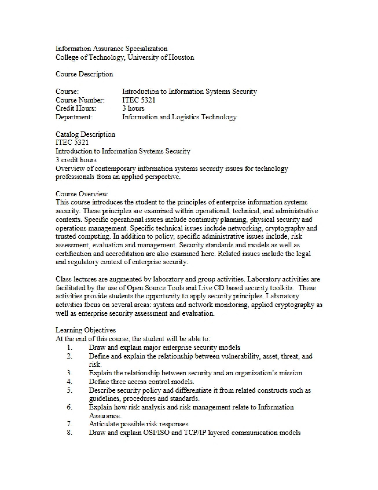 Info Systems Security Syllabus