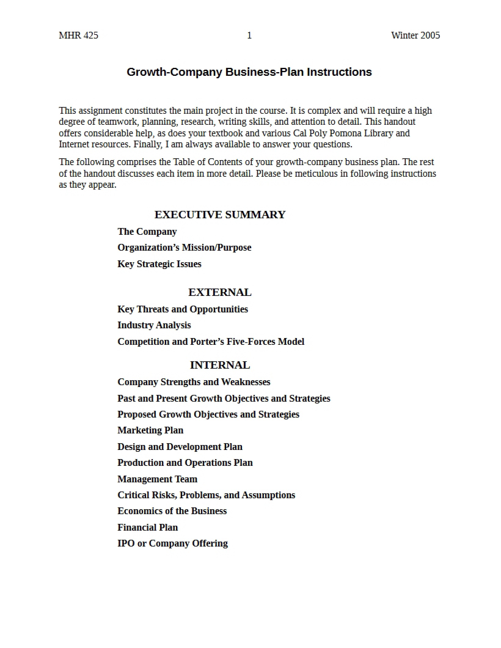 Instruction for Growth Company Business Plan