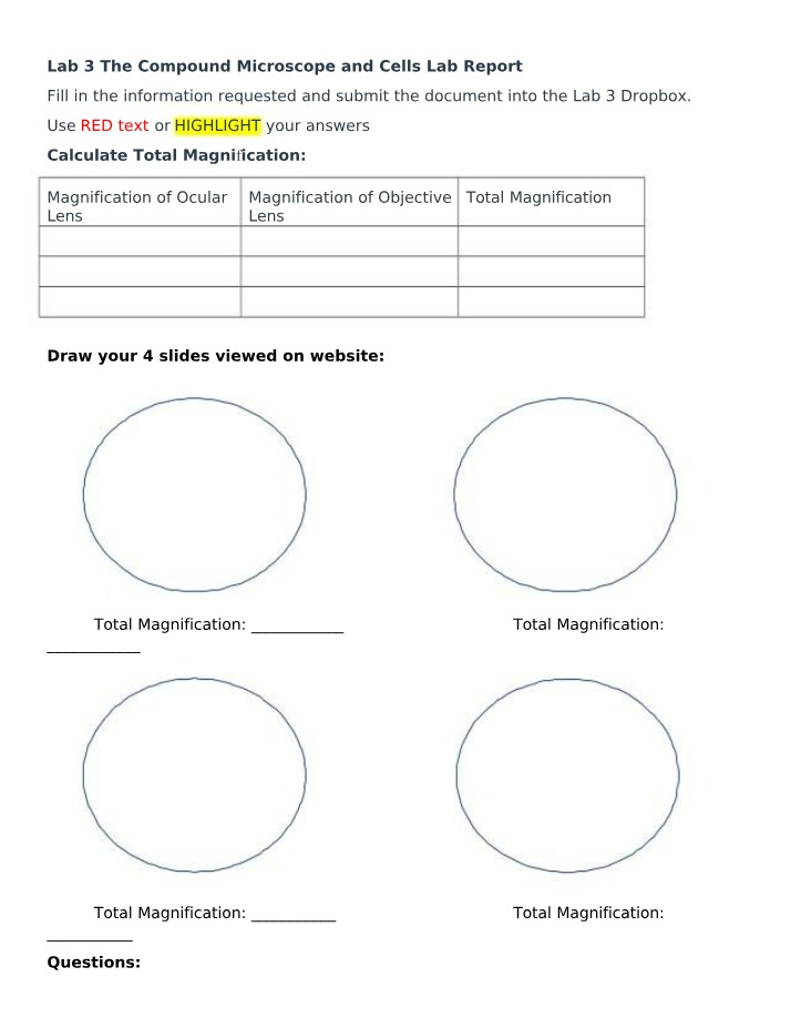 Lab Report - Compound Microscope and Cells