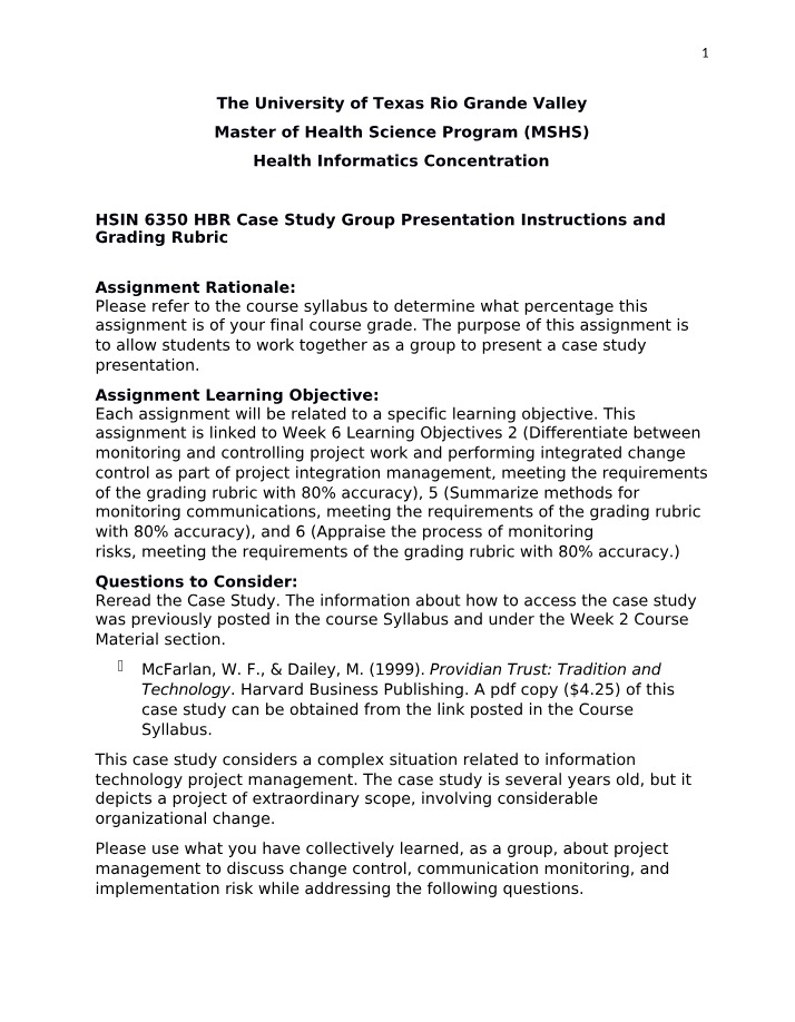 HBR Case Study Group Presentation - Instructions and Rubric