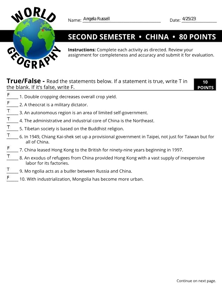 Worksheet on World Geography of China