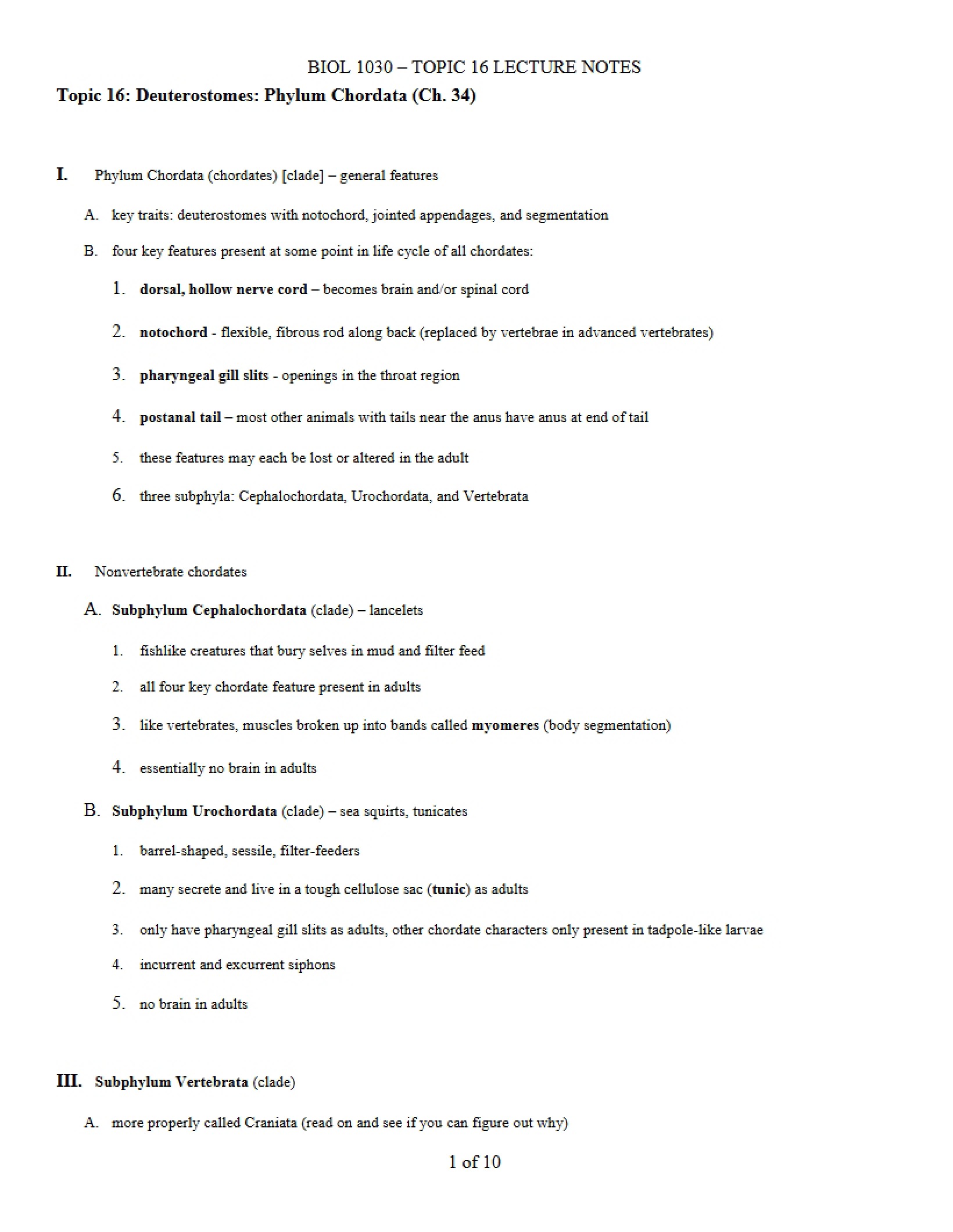 Phylum Chordata Deuterostomes (Topic 16)