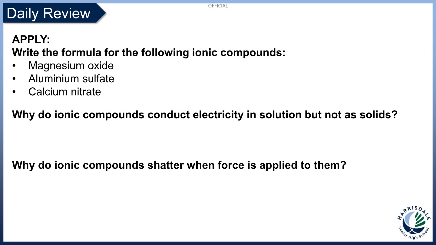 Year 11 Chemistry - Metallic Bonding