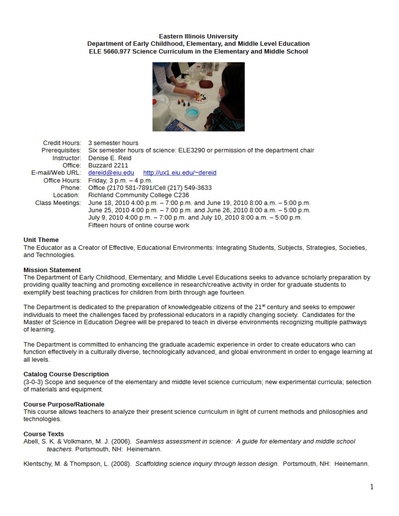 Syllabus - Science Curriculum in the Elementary and Middle School