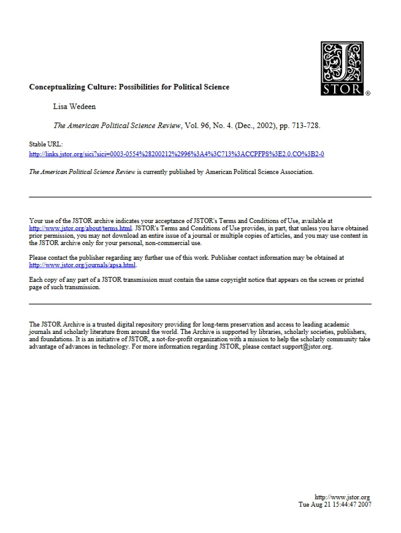Possibilities for Political Science - Conceptualizing Culture