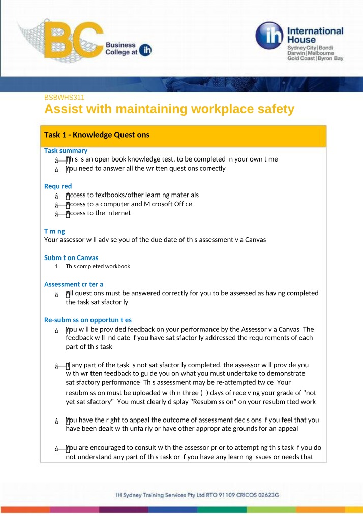 Workplace Safety Knowledge Questions (BSBWHS311)