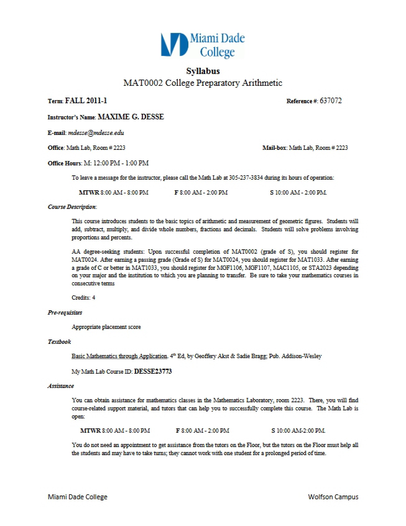 College Preparatory Arithmetic Syllabus - College Preparatory Arithmetic