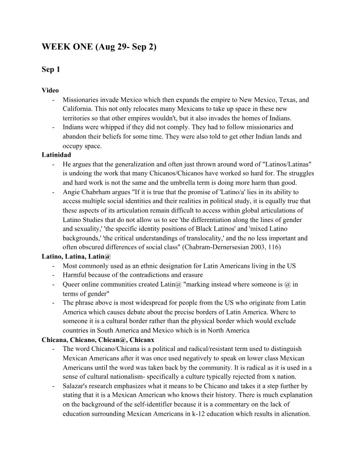 Reading Notes for Latino Studies