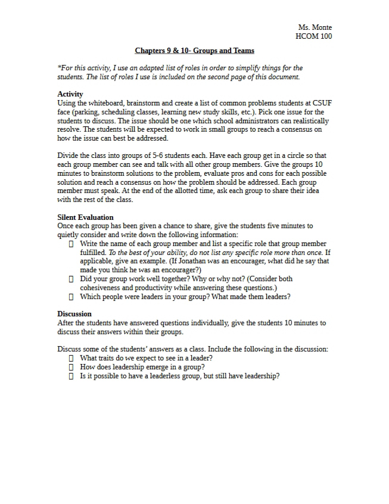 Teams and Groups (Chapters 9 & 10)