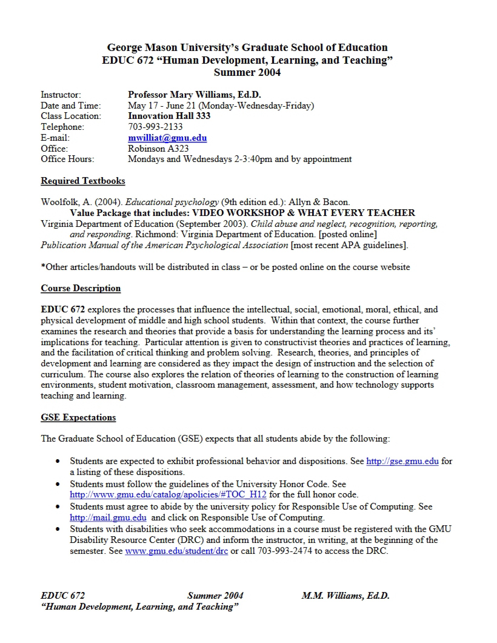 Syllabus for Human Development and Learning