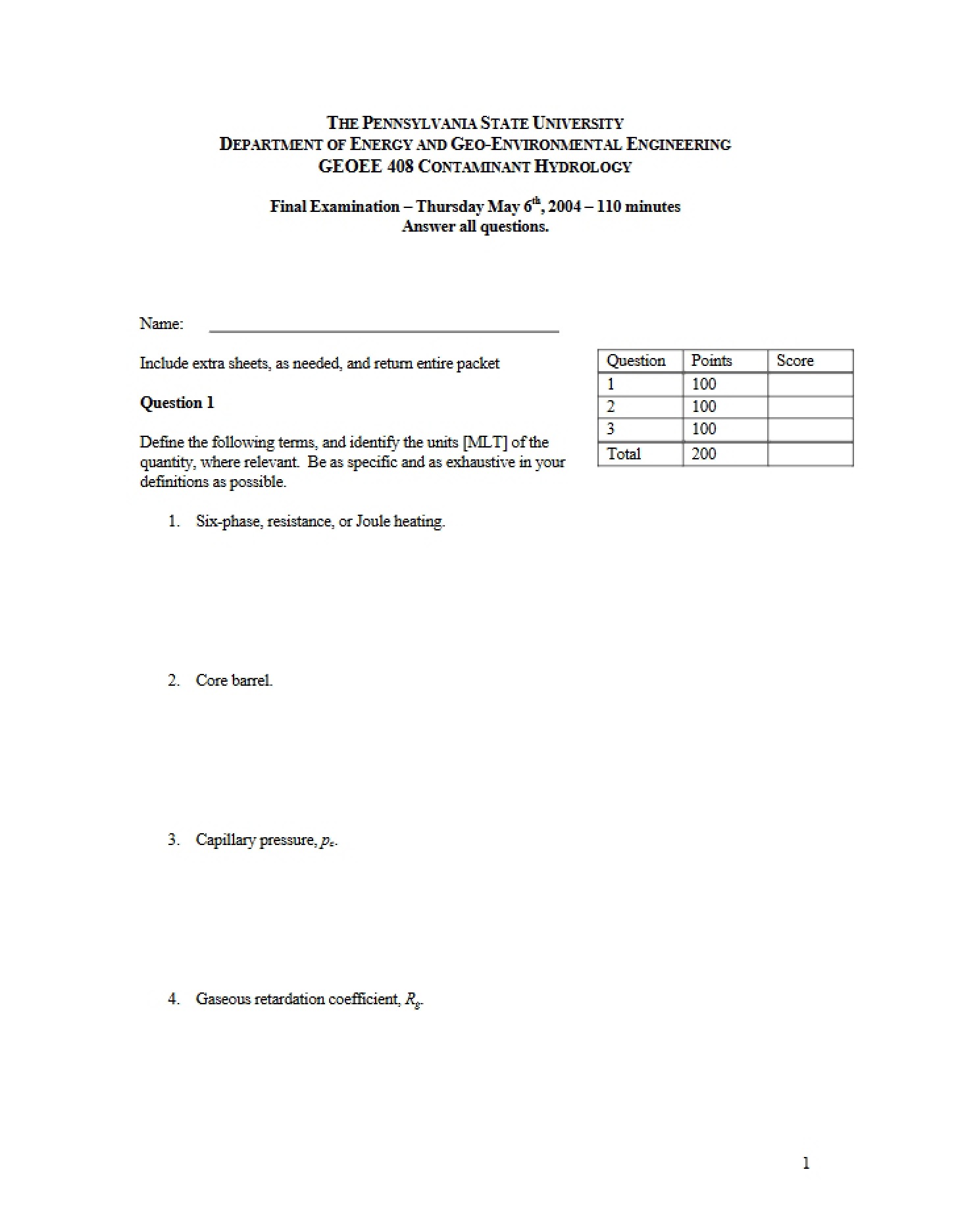 Contaminant Hydrology Course Material - GEOEE 408