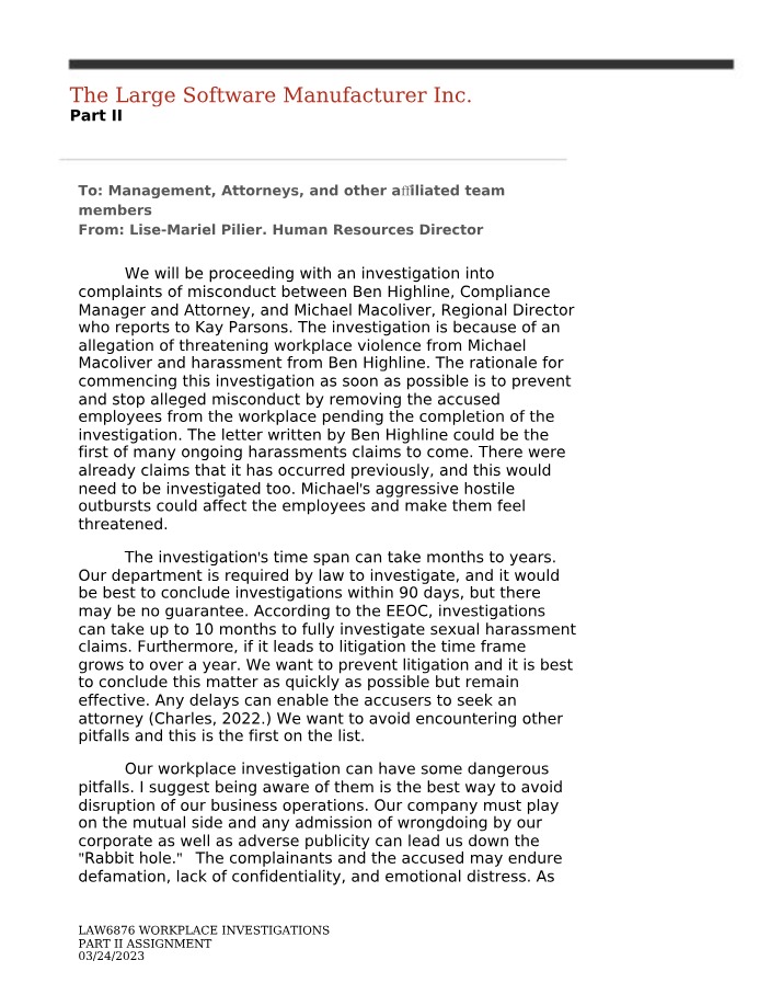 Workplace Investigation - Misconduct and Harassment Allegations