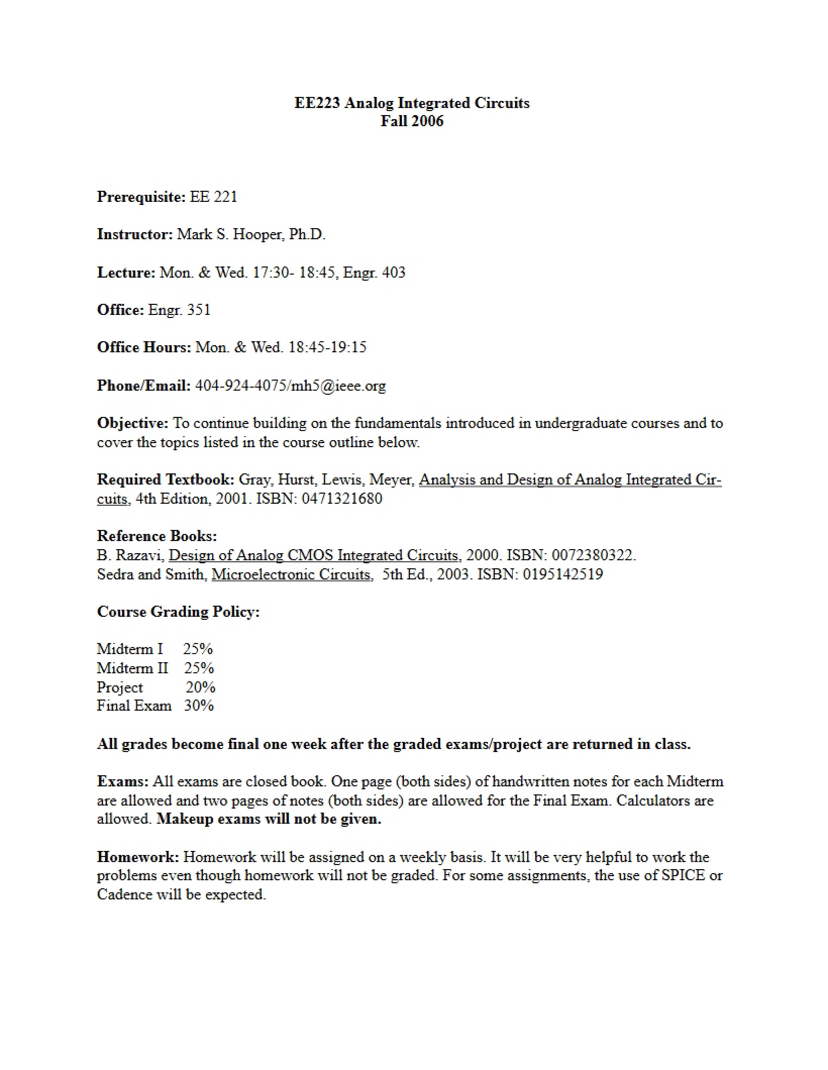 Analog Integrated Circuits Syllabus