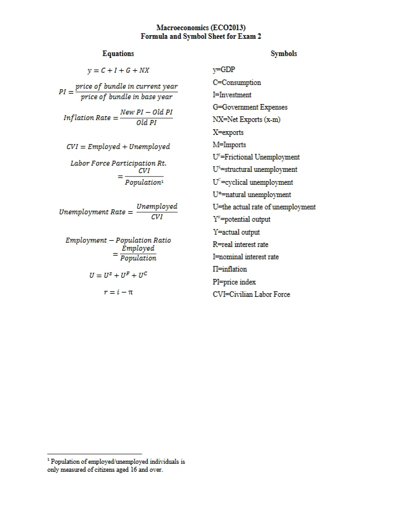 Sheet of Symbols and Formulas for the Second Exam