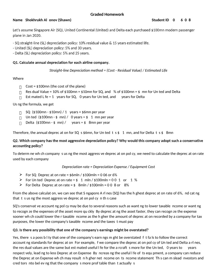 Annual Depreciation Calculation - SQ, United, and Delta Airlines
