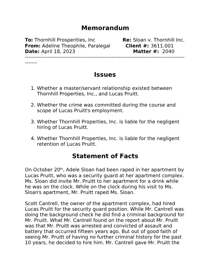 Negligent Hiring and Retention Case - Thornhill Properties, Inc