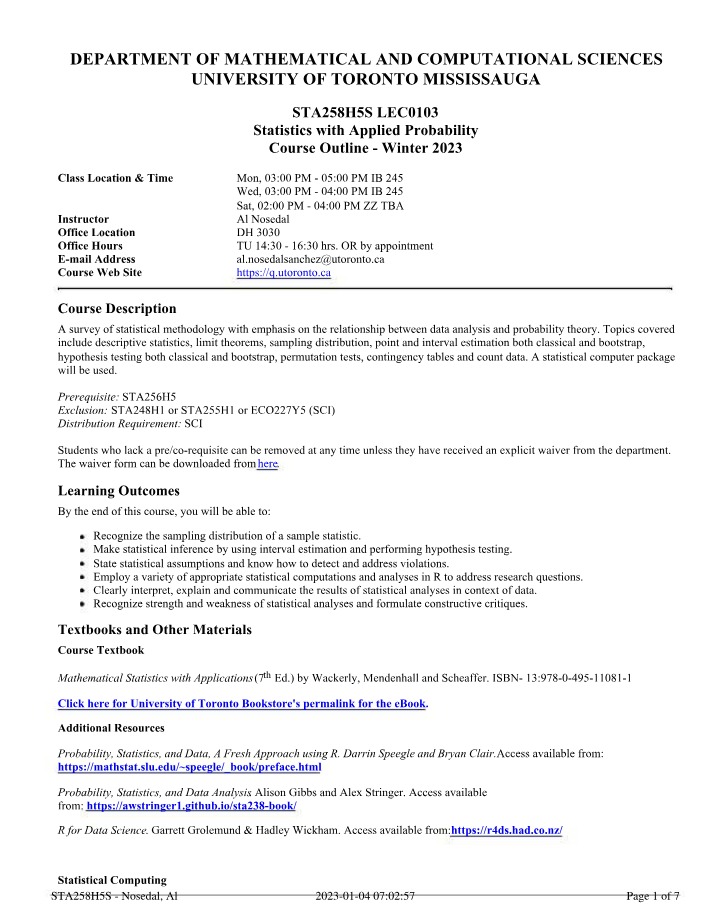 Syllabus for STA258H5S LEC0103