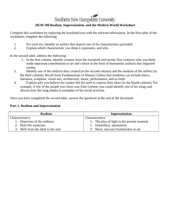 Worksheet on Realism, Impressionism, and the Modern World
