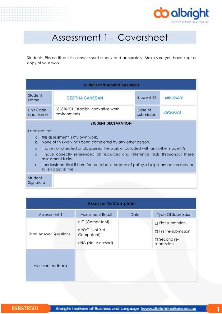 Assessment 1 Coversheet Submission