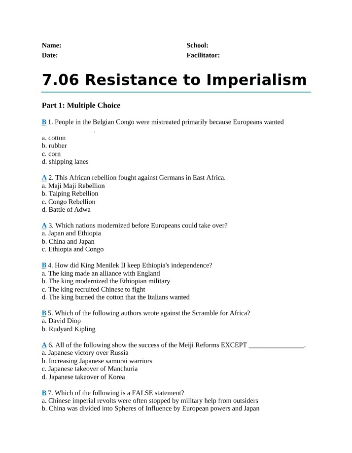 Resistance to Imperialism - Discussion and Multiple Choice Questions