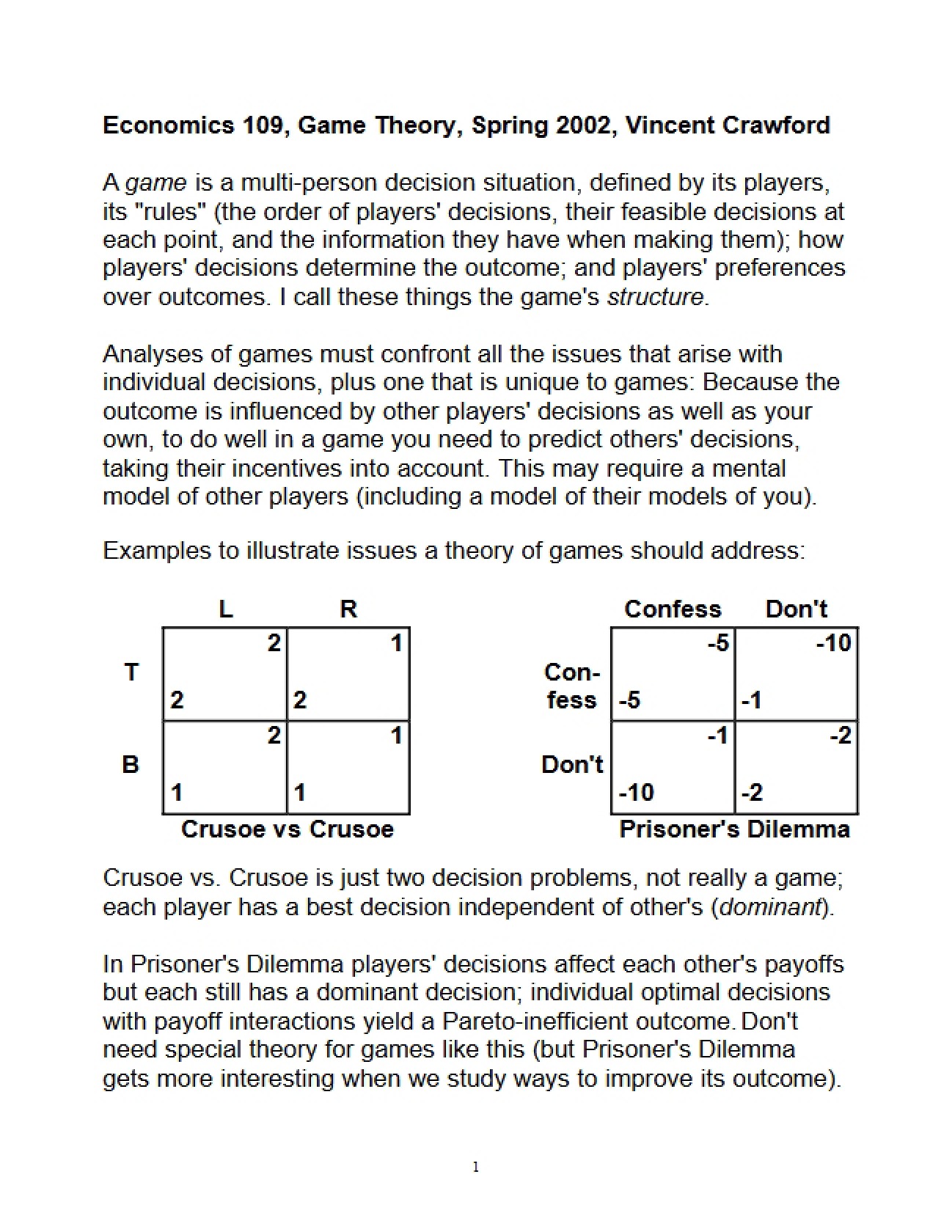 Principles of Game Theory Lecture