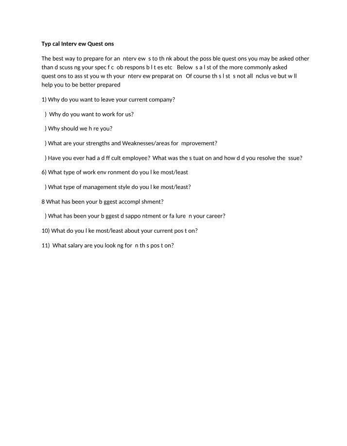 2014 Typical Interview Questions