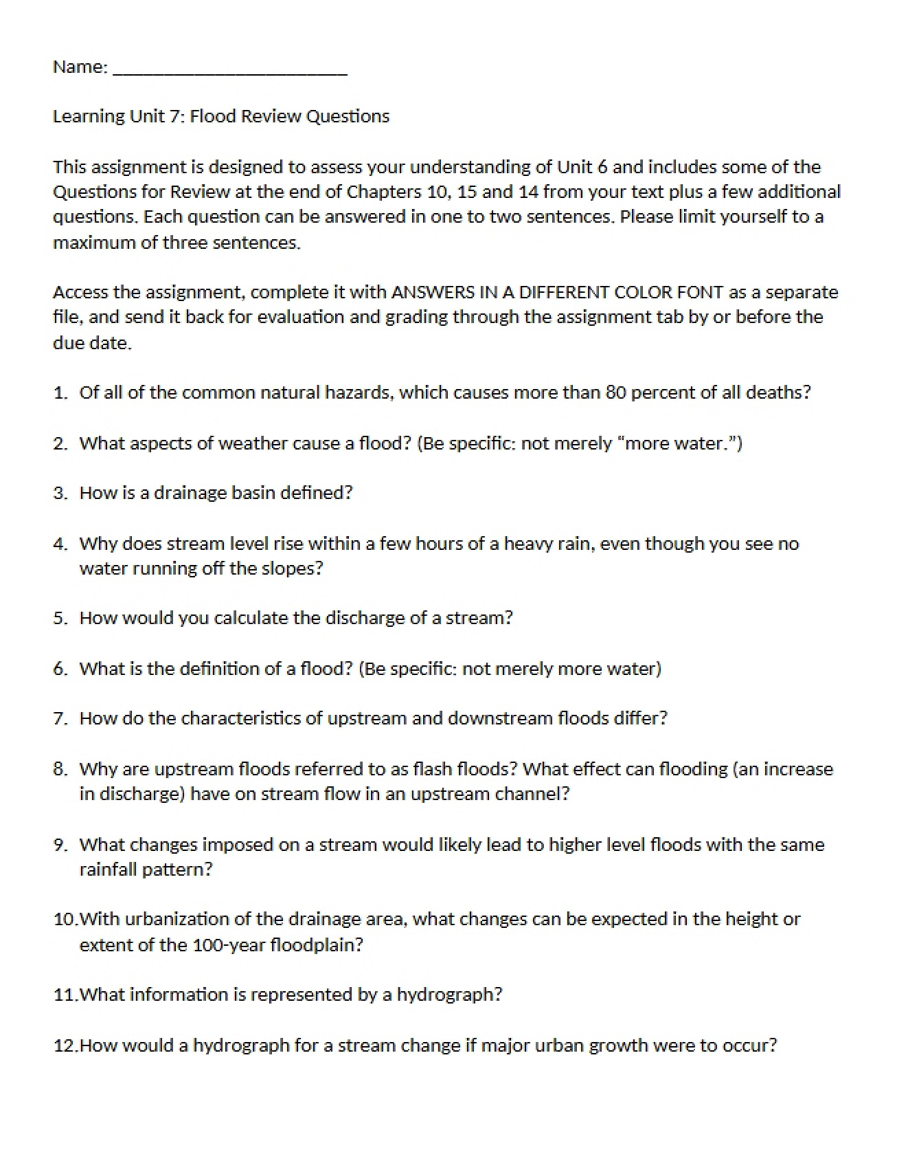Review Questions Floods