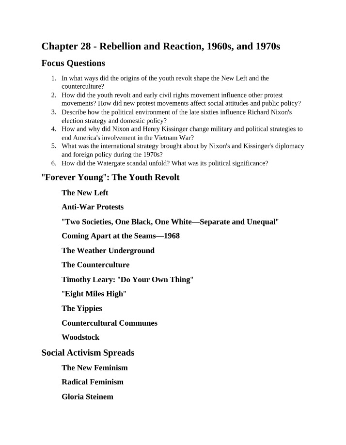 Youth Revolt and Counterculture of the 1960s and 1970s