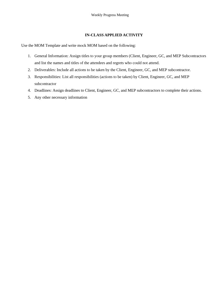 Weekly Progress Meeting Agenda and MOM Template