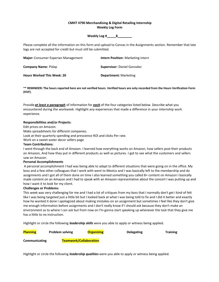 Week 8 Internship Log