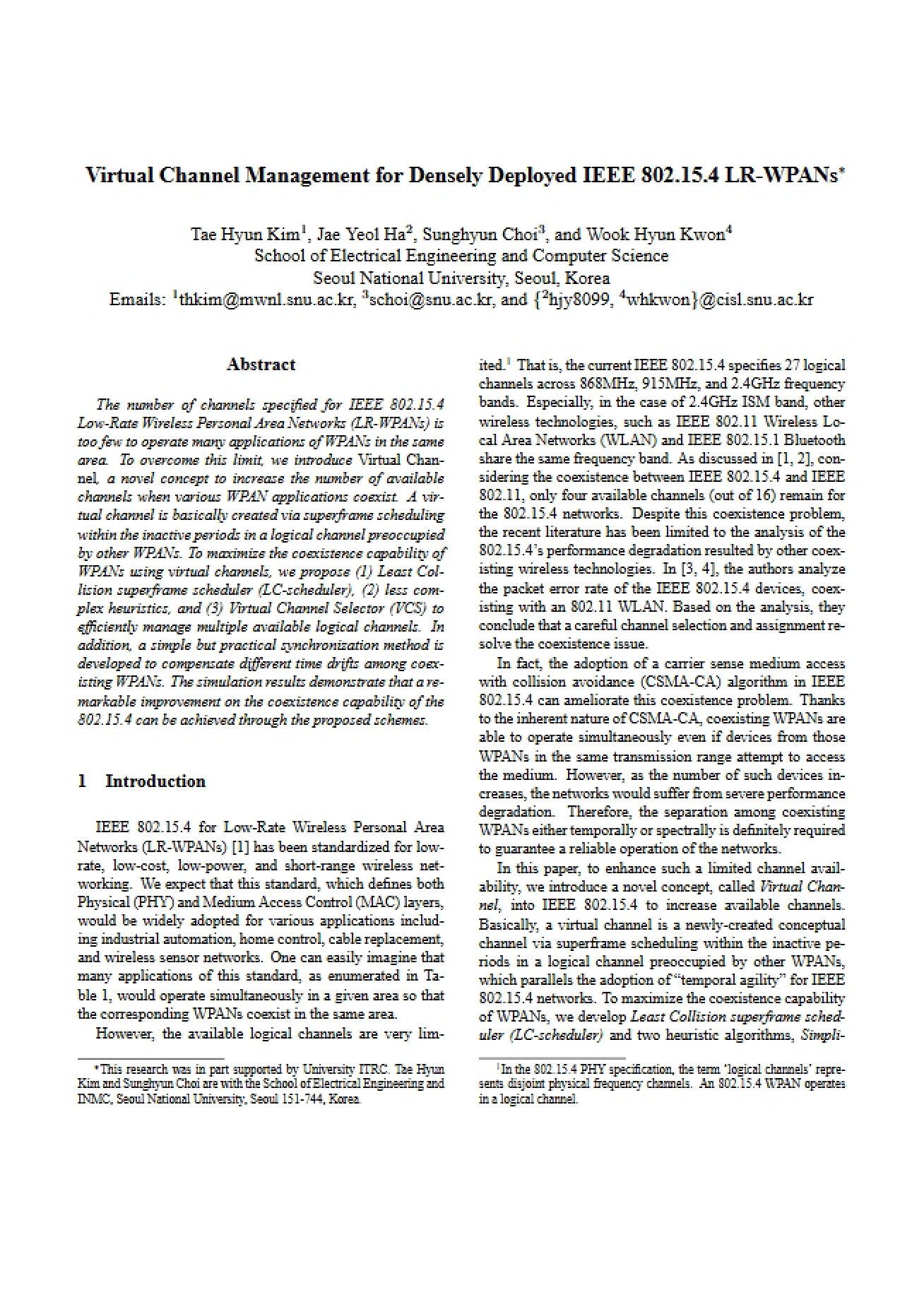 Management of Virtual Channels for IEEE 802.15.4 LR-WPANs