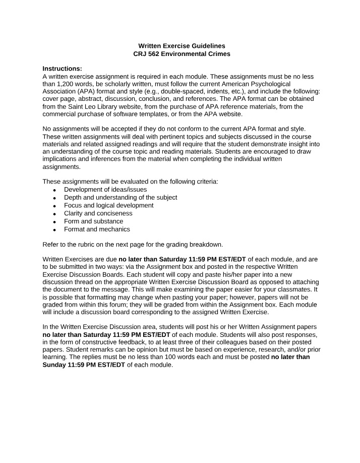 Written Exercise Guidelines for Environmental Crimes (CRJ 562)