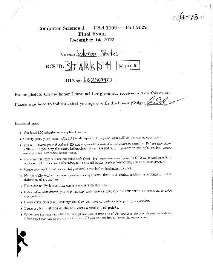 Fall 2022 Final Exam for Computer Science 1
