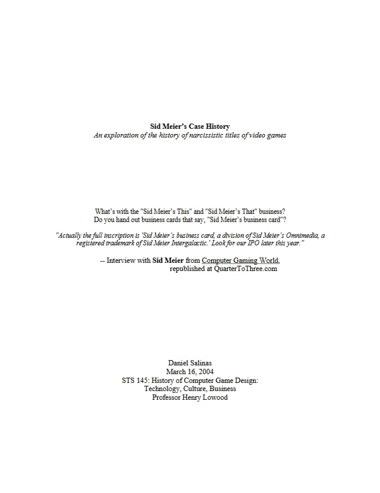 Course Study Notes for the History of Computer Game Design