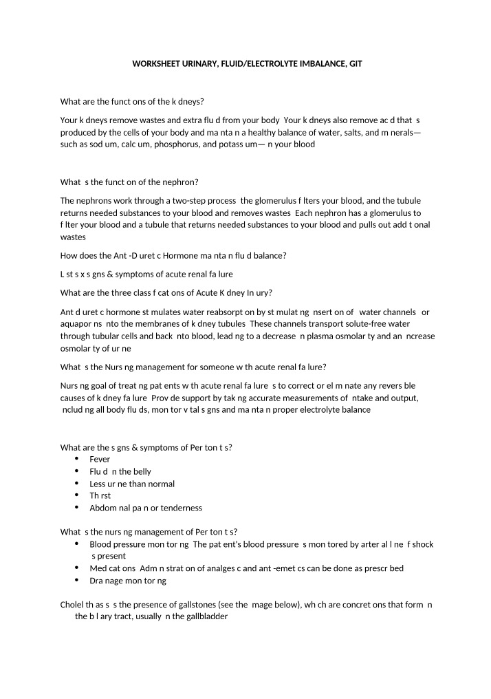 Worksheet on Urinary, Fluid, Electrolyte, and GIT Imbalances