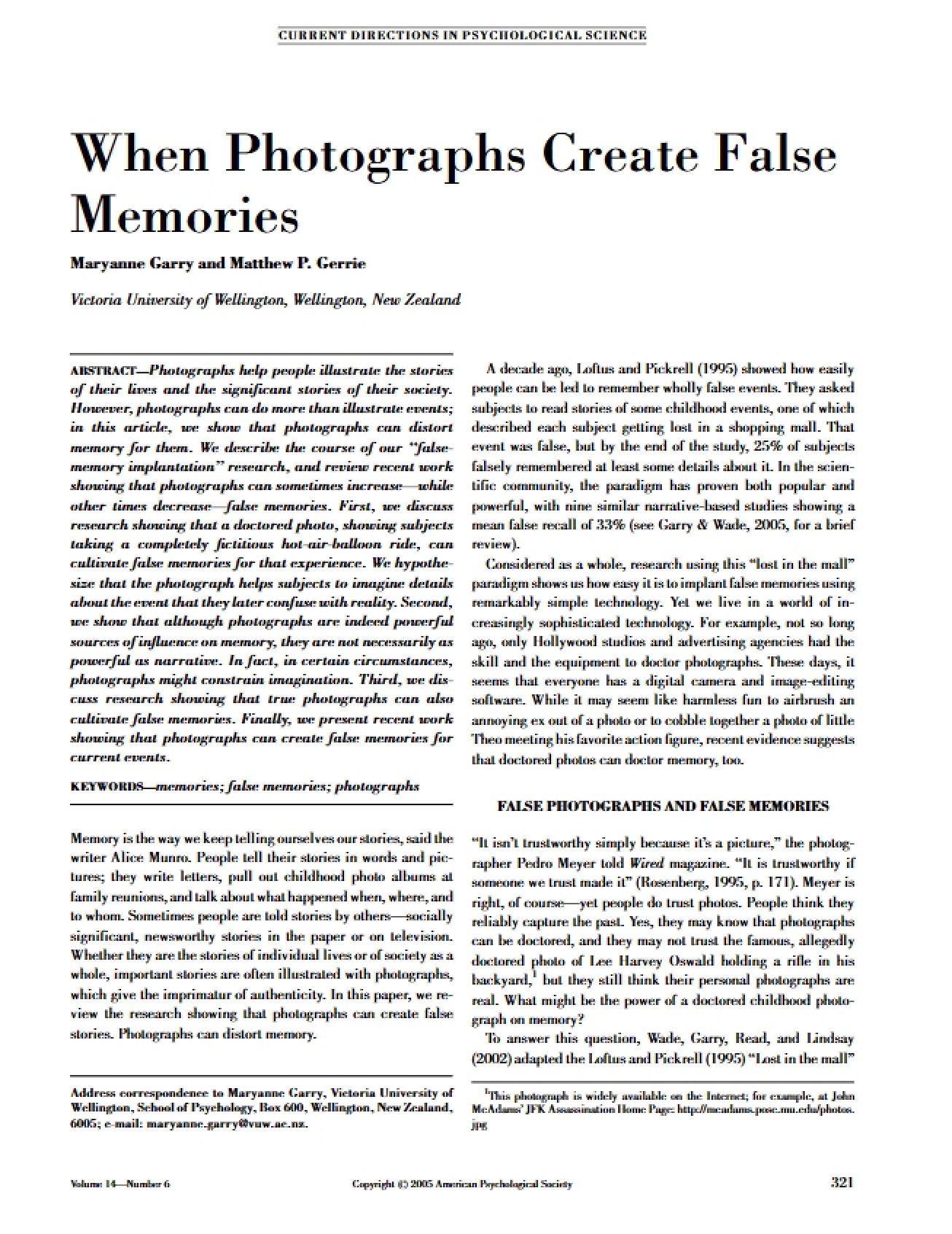 False Memories Created by Photographs