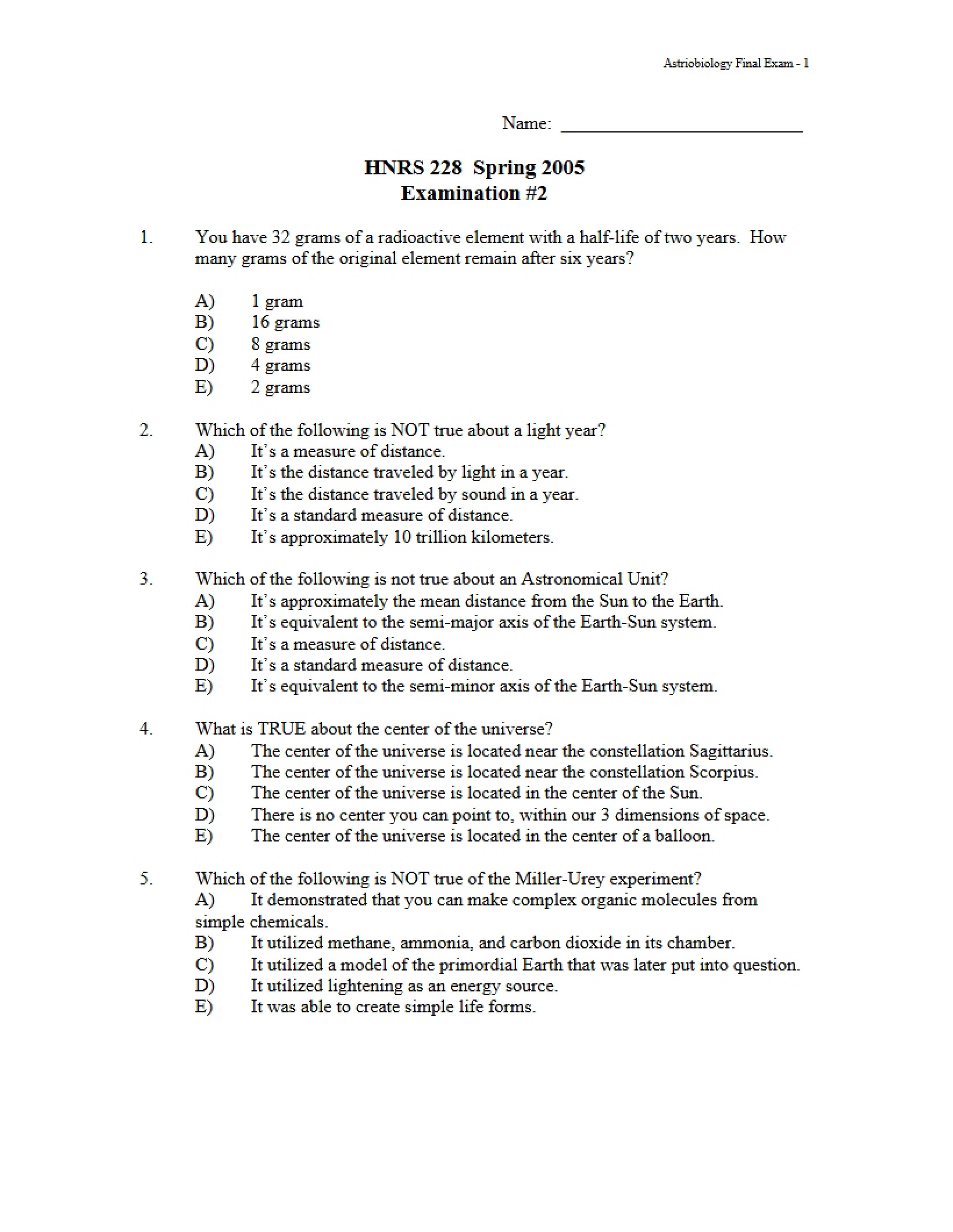 Astrobiology Exam 2
