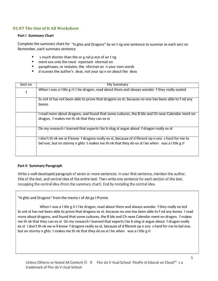Worksheet - The Gist of It All