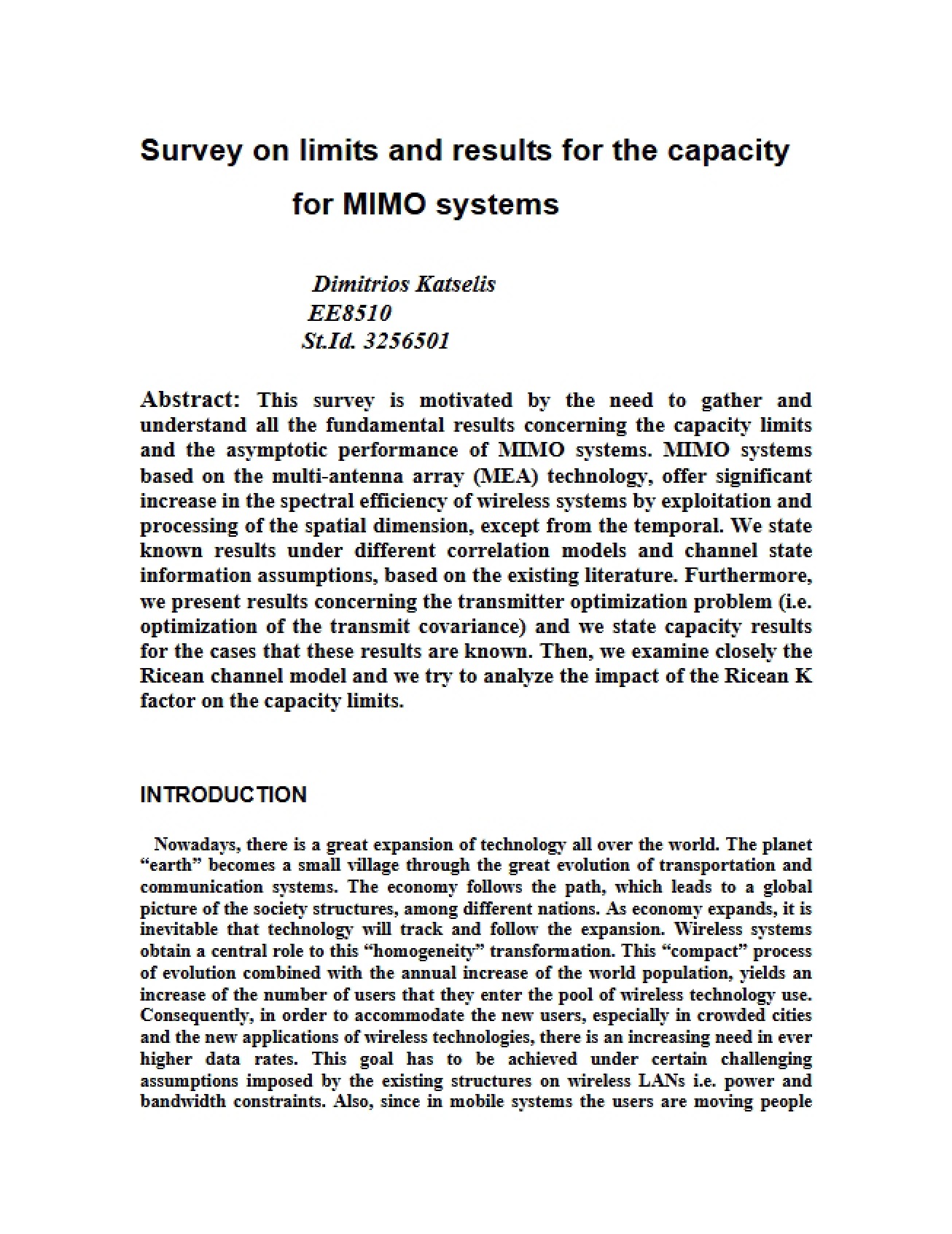 MIMO Systems Capacity Survey on Limits and Results